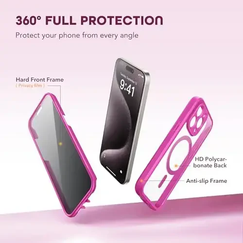 TIESZEN iPhone 15 Pro Max uchun gʻilof, MagSafe bilan mos, oʻrnatilgan maxfiylik ekrani va kamera himoyasi, josuslikka qarshi toʻliq korpusli chang oʻtkazmaydigan zarbaga chidamli qattiq telefon gʻilofi 6,7