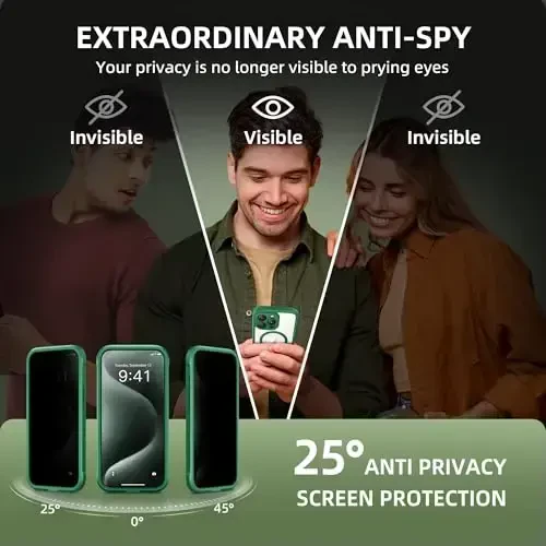 TIESZEN iPhone 15 Pro Max uchun g'ilof, MagSafe bilan mos, o'rnatilgan maxfiylik ekrani va kamera himoyasi, josuslikka qarshi to'liq korpusli chang o'tkazmaydigan zarbaga chidamli qattiq telefon g'ilofi 6,7