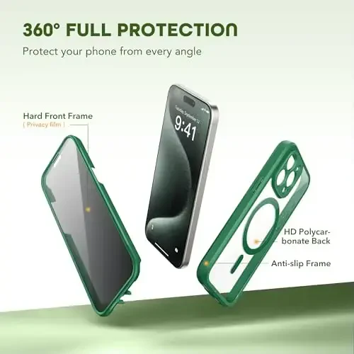 TIESZEN iPhone 15 Pro Max uchun g'ilof, MagSafe bilan mos, o'rnatilgan maxfiylik ekrani va kamera himoyasi, josuslikka qarshi to'liq korpusli chang o'tkazmaydigan zarbaga chidamli qattiq telefon g'ilofi 6,7