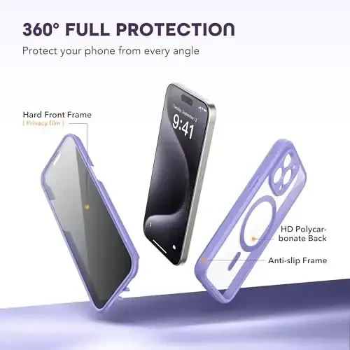 TIESZEN iPhone 15 Pro Max uchun g'ilof, MagSafe bilan mos, o'rnatilgan shaxsiy ekran himoyachisi va kamera himoyasi, josuslikka qarshi to'liq korpusli chang o'tkazmaydigan zarbga chidamli qattiq telefon g'ilofi 6,7