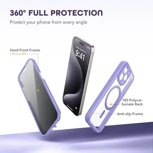 TIESZEN iPhone 15 Pro Max uchun g'ilof, MagSafe bilan mos, o'rnatilgan shaxsiy ekran himoyachisi va kamera himoyasi, josuslikka qarshi to'liq korpusli chang o'tkazmaydigan zarbga chidamli qattiq telefon g'ilofi 6,7