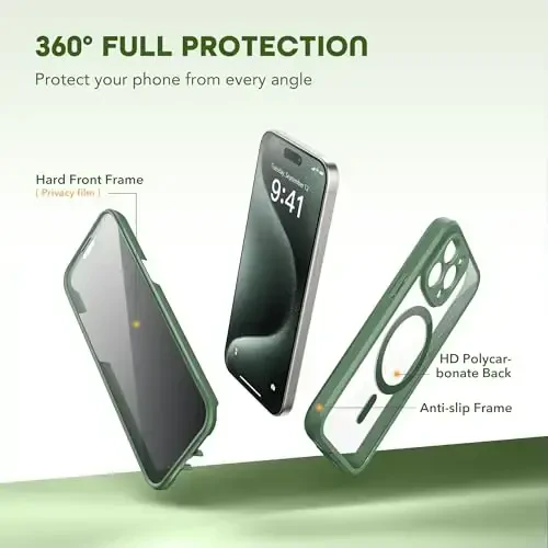 TIESZEN iPhone 15 Pro uchun gʻilof, MagSafe bilan mos, oʻrnatilgan maxfiylik ekran himoyachisi va kamera himoyasi, josuslikka qarshi toʻliq korpusli chang oʻtkazmaydigan zarbga chidamli qattiq telefon gʻilofi 6.1