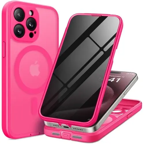 TIESZEN iPhone 15 Pro uchun gʻilof, MagSafe bilan mos, oʻrnatilgan maxfiylik ekran himoyachisi va kamera himoyasi, josuslikka qarshi toʻliq korpusli changga chidamli zarbga chidamli qattiq telefon gʻilofi 6.1