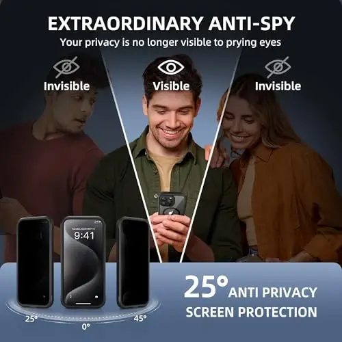 TIESZEN iPhone 15 Pro uchun g'ilof, MagSafe bilan mos, o'rnatilgan maxfiylik ekrani himoyachisi va kamera himoyasi, Anti Spy to'liq korpus changga chidamli zarbaga bardoshli qattiq telefon g'ilofi 6.1