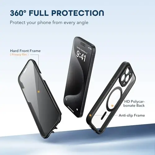 TIESZEN iPhone 15 Pro uchun g'ilof, MagSafe bilan mos, o'rnatilgan maxfiylik ekrani himoyachisi va kamera himoyasi, Anti Spy to'liq korpus changga chidamli zarbaga bardoshli qattiq telefon g'ilofi 6.1