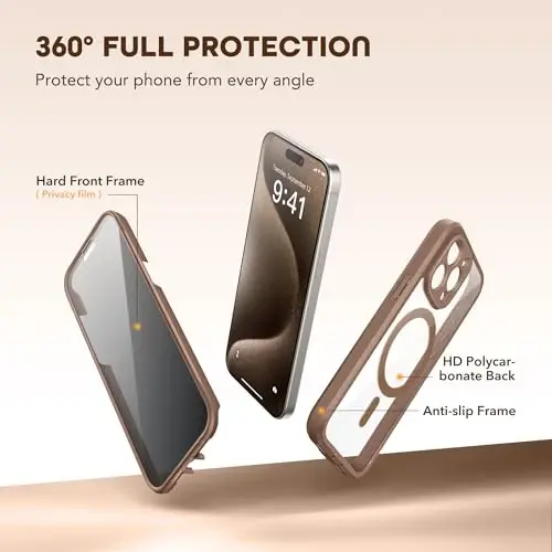 TIESZEN iPhone 15 Pro uchun g'ilof, MagSafe bilan mos, o'rnatilgan maxfiylik ekrani himoyachisi va kamera himoyasi, josuslikka qarshi to'liq korpus chang o'tkazmaydigan zarbga chidamli qattiq telefon g'ilofi 6.1