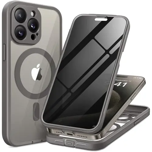 TIESZEN iPhone 15 Pro uchun g'ilof, MagSafe bilan mos, o'rnatilgan maxfiylik ekrani himoyachisi va kamera himoyasi, josuslikka qarshi to'liq korpusli chang o'tkazmaydigan zarbga chidamli qattiq telefon g'ilofi 6.1