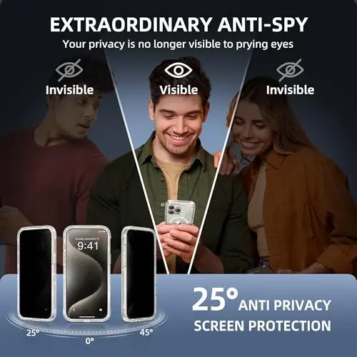 TIESZEN iPhone 15 Pro uchun gʻilof, MagSafe bilan mos, oʻrnatilgan shaxsiy ekran himoyachisi va kamera himoyasi, Anti Spy toʻliq korpusli chang oʻtkazmaydigan zarbaga chidamli qattiq telefon gʻilofi 6.1