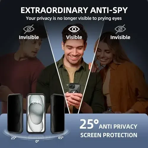 TIESZEN iPhone 15 uchun g'ilof, MagSafe bilan mos, o'rnatilgan maxfiylik ekran himoyachisi va kamera himoyasi, josuslikka qarshi chang o'tkazmaydigan zarbga chidamli qattiq telefon g'ilofi 6.1