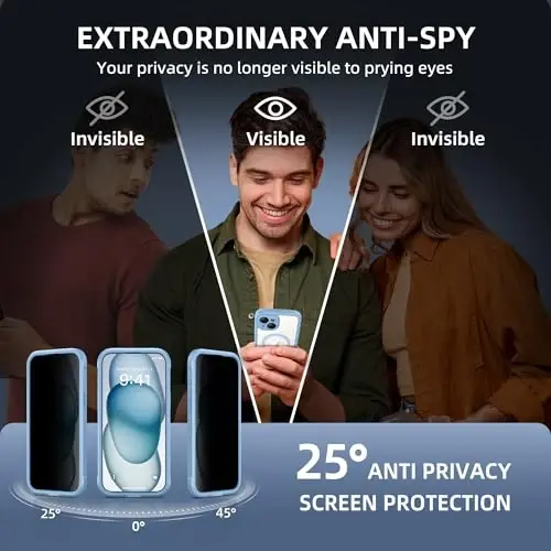 TIESZEN iPhone 15 uchun g'ilof, MagSafe bilan mos, o'rnatilgan maxfiylik ekran himoyachisi va kamera himoyasi, josuslikka qarshi to'liq korpus chang o'tkazmaydigan zarbaga chidamli qattiq telefon g'ilofi 6.1