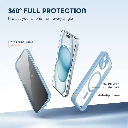 TIESZEN iPhone 15 uchun g‘ilof, MagSafe bilan mos, o‘rnatilgan maxfiylik ekran himoyachisi va kamera himoyasi, josuslikka qarshi to‘liq korpusli, chang va zarbga chidamli qattiq telefon g‘ilofi 6.1