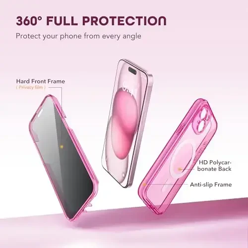 TIESZEN iPhone 15 uchun g'ilof, MagSafe bilan mos, o'rnatilgan maxfiylik ekrani himoyachisi va kamera himoyasi, Anti Spy to'liq korpusli chang o'tkazmaydigan zarbaga chidamli qattiq telefon g'ilofi 6.1