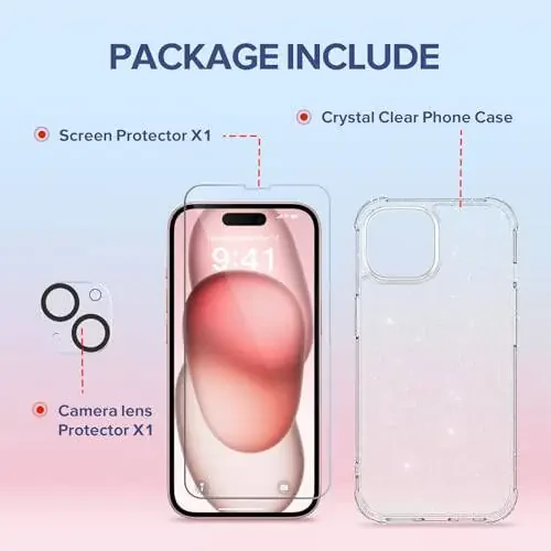 TIESZEN iPhone 15 uchun qopqoq, yaltiroq, 2X ekran himoyachisi + 2X kamera linzasi himoyachisi, [sariqlashmaydigan] shaffof yaltiroq yupqa zarba o'tkazmaydigan telefon qopqog'i ayollar uchun 6,1 dyuym - 5