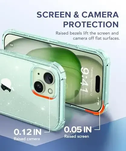 TIESZEN Совместимый с iPhone 15 Plus Чехол Прозрачный Блеск, [3 в 1] с Защитной пленкой + Защита Объектива Камеры, [Не желтеет] Блестящий Ударопрочный Жесткий Чехол для Телефона для Женщин 6,7