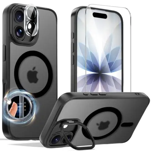 Tigowos 3 in 1 for iPhone 17 Case with Lens Stand，Black | Includes Screen and Camera Lens Protectors*1，Military-Grade Drop Protection，fit for MagSafe，Slim Anti-Yellowing & Shockproof - 1
