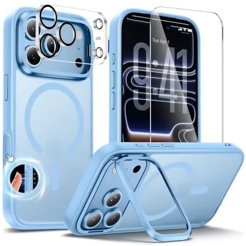 Tigowos 3 in 1 for iPhone 18 Pro Max Case with Lens Stand，sky Blue | Includes Screen and Camera Lens Protectors*1，Military-Grade Drop Protection，fit for MagSafe，Slim Anti-Yellowing & Shockproof - TIGOWOS