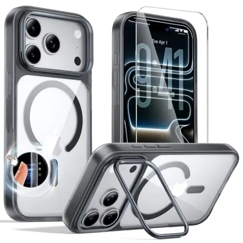 Tigowos 3-in-1 Set for iPhone 17 Pro Case with Camera Stand [ Screen Protector][Camera Control Cover ],Fit for MagSafe,Drop Protection,Shockproof, Translucent Back Phone Case for 17 Pro (Black) 