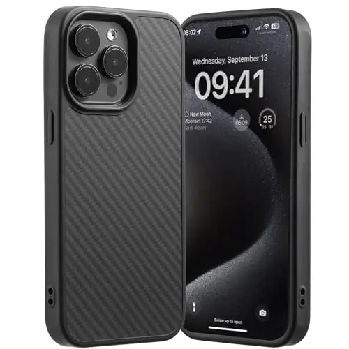 Tigowos Carbon Fiber for iPhone 15 Pro Max Case, Fits magSafe Sturdy Protective Case for iPhone 15 Pro Max Carbon Fiber Aramid Fiber, Supports Wireless Charging, Carbon Fiber Black 