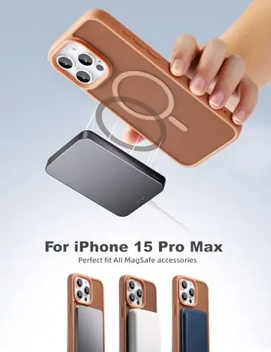 Tigowos Чехол для iPhone 15 Pro Max, совместимый с MagSafe, защита от падения с высоты 3 м, матовый на ощупь, ударопрочная задняя крышка для iPhone 15 Pro Max, коричневый - 2