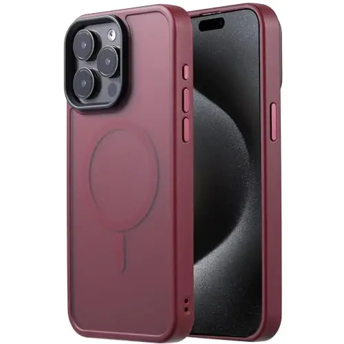 Tigowos Compatible with iPhone 15 Pro Case Fits MagSafe 10FT Drop Resistant Matte Skin Feeling Back Cover Aluminum Alloy Keys Fits iPhone 15 Pro Phone Cases，Red Wine - 1