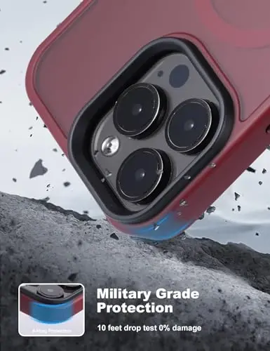 Tigowos Compatible with iPhone 15 Pro Case Fits MagSafe 10FT Drop Resistant Matte Skin Feeling Back Cover Aluminum Alloy Keys Fits iPhone 15 Pro Phone Cases，Red Wine - TIGOWOS (1)