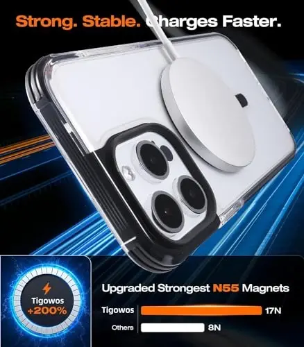 Tigowos для iPhone 15 Pro Max, бампер, совместим с MagSafe, защита от падения с высоты 15 футов, защита от пожелтения, сверхпрочный ударопрочный задний чехол, совместим с чехлами для телефонов iPhone 15 Pro Max 6,7 дюйма, прозрачный бампер - 5