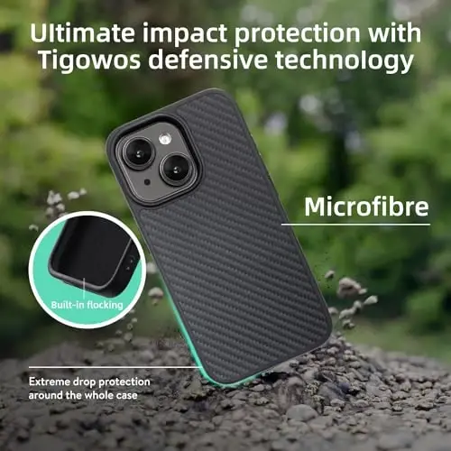 Tigowos for iPhone 15 Plus&iPhone 14 Plus Case himoya qutisi haqiqiy aramid tolasidan tayyorlangan, yumshoq teginish, qattiq bardoshli uglerod bamperi, qora - 3