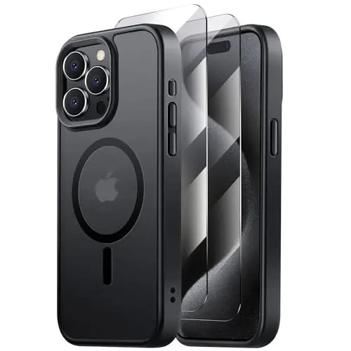 Tigowos for iPhone 15 Pro g'ilofi, MagSafe bilan mos, [15 FT ga tushishga chidamli] [2 ta закалённое shisha ekran himoyachisi] iPhone 15 Pro Cases 6.1 uchun mato тери-сезувчи zarbga chidamli g'ilof, mato qora 