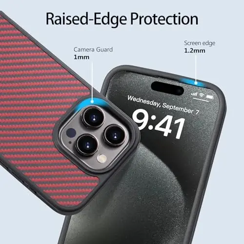 Tigowos for iPhone 15 Pro Max Case Protective Case Made of Aramid Fiber, Soft Touch, Tough Durable Carbon Bumper, Carbon Fiber Red - 2