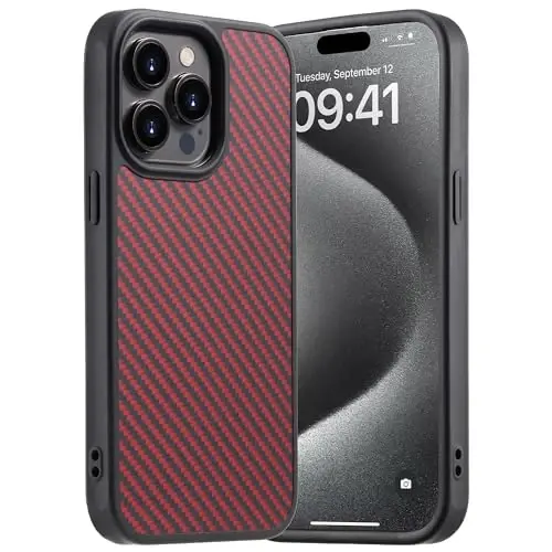 Tigowos for iPhone 15 Pro Max Case Protective Case Made of Aramid Fiber, Soft Touch, Tough Durable Carbon Bumper, Carbon Fiber Red 
