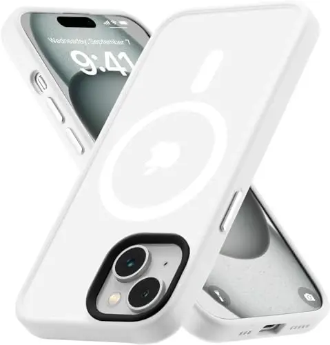 Tigowos for iPhone 15 uchun g'ilof MagSafe 10FT tushishga chidamli mato terisi sezgir zarbaga chidamli orqa qopqoq iPhone 15 telefon g'iloflariga mos keladi, oq - TIGOWOS