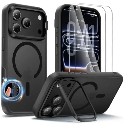 Tigowos for iPhone 18 Pro Case with Lens Stand，Screen Protector，Black | Includes Screen Protectors*2，Military-Grade Drop Protection，fit for MagSafe，Strong Magnetic，Slim Anti-Yellowing & Shockproof - 1