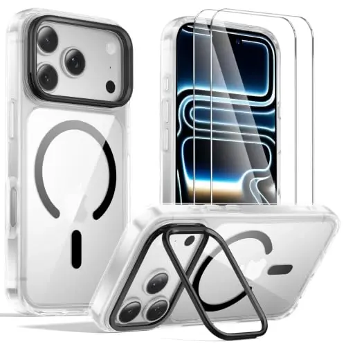 Tigowos for iPhone 18 Pro Case with Lens Stand，Screen Protector，Clear Black | Includes Screen Protectors*2，Military-Grade Drop Protection，fit for MagSafe，Strong Magnetic，Slim Anti-Yellowing & Shockproof - 1