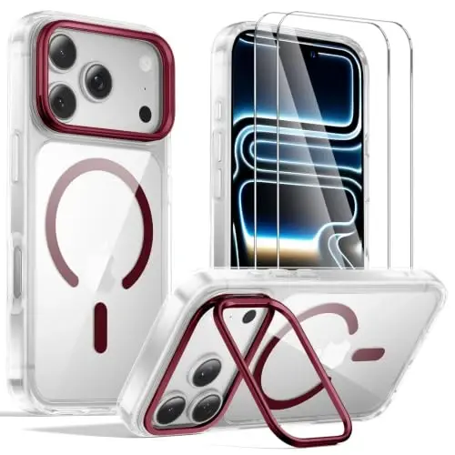 Tigowos for iPhone 18 Pro Case with Lens Stand，Screen Protector，Clear Red | Includes Screen Protectors*2，Military-Grade Drop Protection，fit for MagSafe，Strong Magnetic，Slim Anti-Yellowing & Shockproof | Includes Screen Protectors*2，Military-Grade Dro - 1