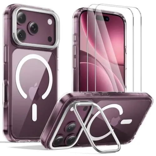 Tigowos for iPhone 18 Pro Case with Lens Stand，Screen Protector，Clear White | Includes Screen Protectors*2，Military-Grade Drop Protection，fit for MagSafe，Strong Magnetic，Slim Anti-Yellowing & Shockproof - 1