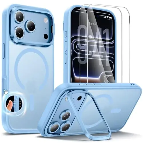 Tigowos for iPhone 18 Pro Case with Lens Stand，Screen Protector，Sky Blue | Includes Screen Protectors*2，Military-Grade Drop Protection，fit for MagSafe，Strong Magnetic，Slim Anti-Yellowing & Shockproof - 1
