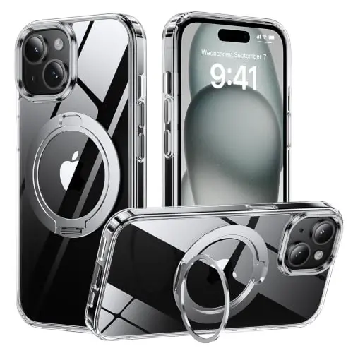 Tigowos Magnetic for iPhone 15 Case with 360° Rotating Stand, [Not Yellowing] [Fits MagSafe] [3X Military-Grade Drop Protection] Slim Case for iPhone 15, Clear-Stand - TIGOWOS