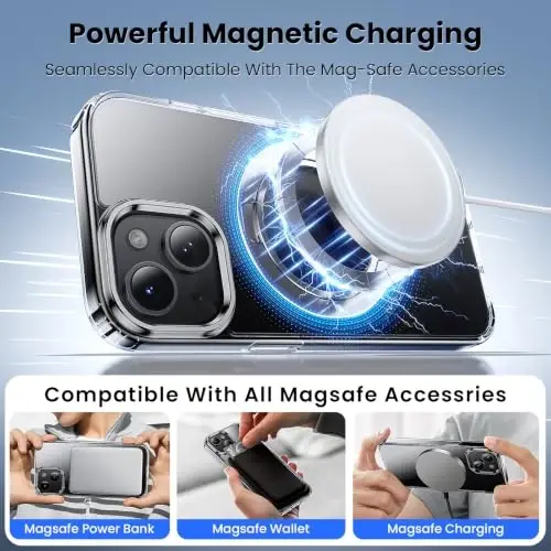 Tigowos Magnetic for iPhone 15 Case with 360° Rotating Stand, [Not Yellowing] [Fits MagSafe] [3X Military-Grade Drop Protection] Slim Case for iPhone 15, Clear-Stand - TIGOWOS (1)