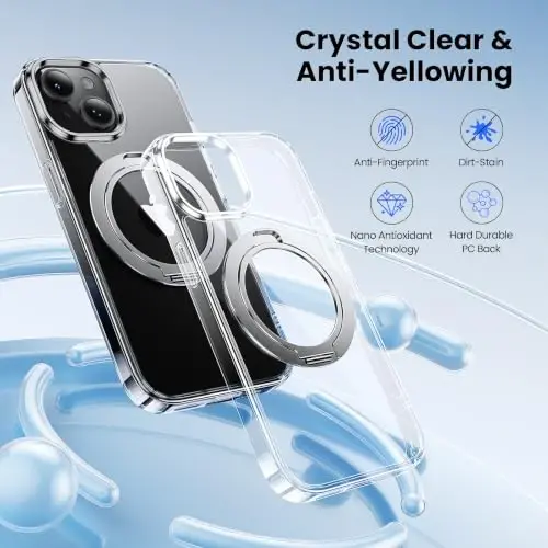Tigowos Magnetic for iPhone 15 Case with 360° Rotating Stand, [Not Yellowing] [Fits MagSafe] [3X Military-Grade Drop Protection] Slim Case for iPhone 15, Clear-Stand - 5