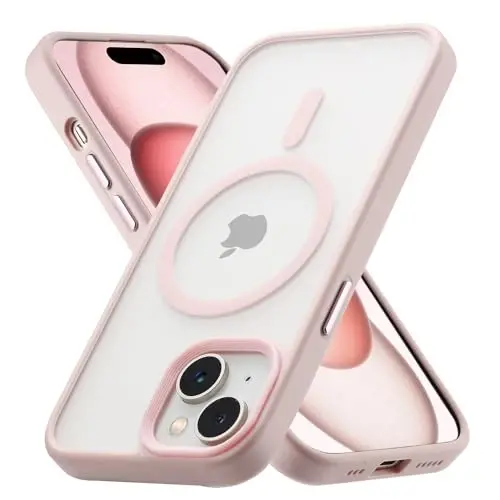 Tigowos iPhone 15 Plus&iPhone 14 Plus uchun telefon g‘ilofi MagSafe bilan mos keladi 10FT ga tushishga chidamli mato terisi iPhone 15 Plus&iPhone 14 Plus uchun orqa qopqoq, pushti 