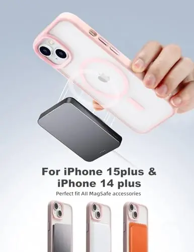 Tigowos iPhone 15 Plus&iPhone 14 Plus uchun telefon g‘ilofi MagSafe bilan mos keladi 10FT ga tushishga chidamli mato terisi iPhone 15 Plus&iPhone 14 Plus uchun orqa qopqoq, pushti - TIGOWOS (1)