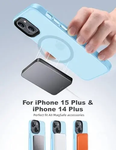 Tigowos iPhone 15 Plus&iPhone 14 Plus uchun telefon qutisi MagSafe 10FT tushishga chidamli mato teri iPhone 15 Plus&iPhone 14 Plus qutisi uchun orqa qopqoq, och ko'k - 2