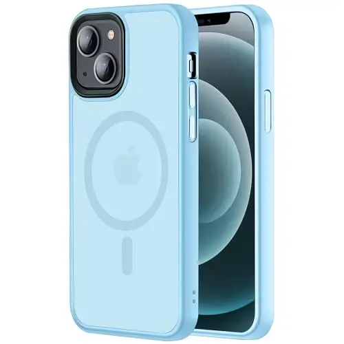 Tigowos iPhone 15 Plus&iPhone 14 Plus uchun telefon qutisi MagSafe 10FT tushishga chidamli mato teri iPhone 15 Plus&iPhone 14 Plus qutisi uchun orqa qopqoq, och ko'k 