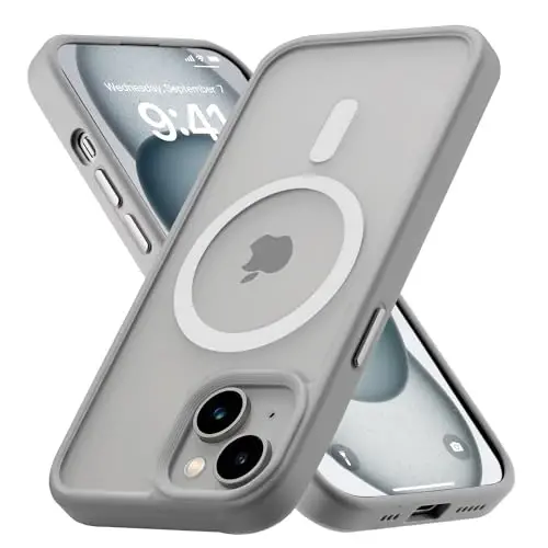 Tigowos iPhone 15 Plus&iPhone 14 Plus uchun telefon qutisi MagSafe 10FT tushishga chidamli mato terisi iPhone 15 Plus&iPhone 14 Plus uchun orqa qopqoq, kulrang 
