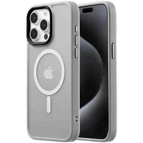 Tigowos iPhone 15 Pro Max g'ilofiga mos keladi MagSafe 10FT tomchiga chidamli mat teri tebranishiga bardoshli orqa qopqoq iPhone 15 Pro Max telefon g'iloflariga mos keladi, kulrang 