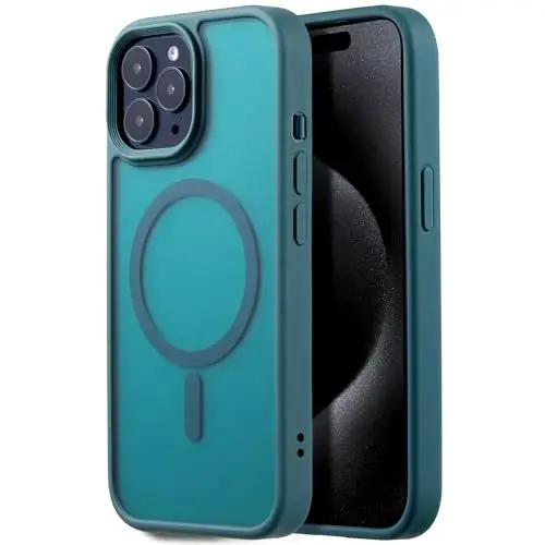 Tigowos iPhone 15 Pro Max ile uyumlu kılıf, MagSafe uyumlu, 3 metre düşmeye dayanıklı, mat cilt hissi veren, darbeye dayanıklı arka kapak, iPhone 15 Pro Max telefon kılıfları ile uyumlu, Turkuaz Yeşili - 1