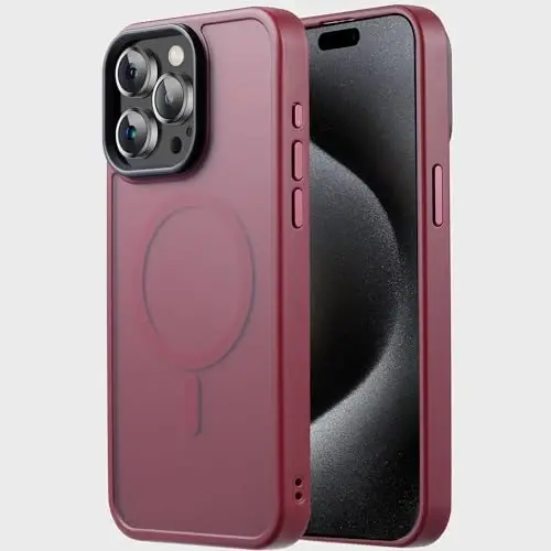 Tigowos iPhone 15 Pro Max uchun g‘ilof, MagSafe bilan mos, 10FT tushishga chidamli, mat teri hissi, zarbaga chidamli orqa qopqoq, iPhone 15 Pro Max telefon g‘iloflari uchun mos, qizil sharob rangi. 