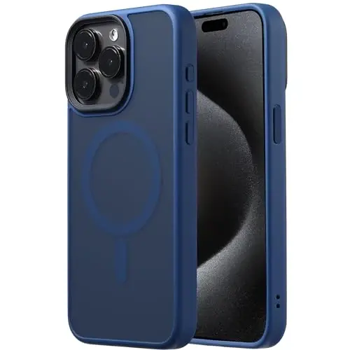 Tigowos iPhone 15 Pro uchun gʻilof MagSafe bilan mos keladi, 10 FT balandlikdan tushganda chidamli mato teriga oʻxshash orqa qopqoq alyuminiy qotishma tugmachalari iPhone 15 Pro telefon gʻiloflariga mos keladi, koʻk 