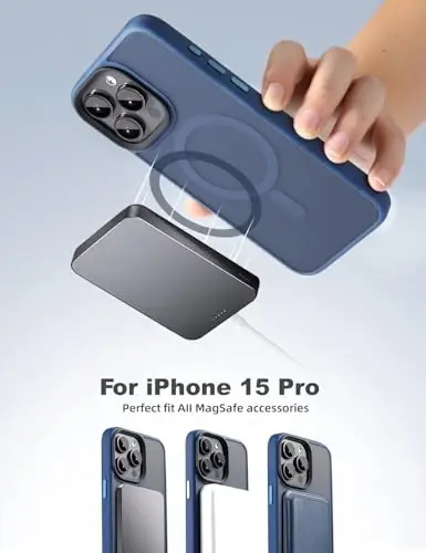 Tigowos iPhone 15 Pro uchun gʻilof MagSafe bilan mos keladi, 10 FT balandlikdan tushganda chidamli mato teriga oʻxshash orqa qopqoq alyuminiy qotishma tugmachalari iPhone 15 Pro telefon gʻiloflariga mos keladi, koʻk - 2
