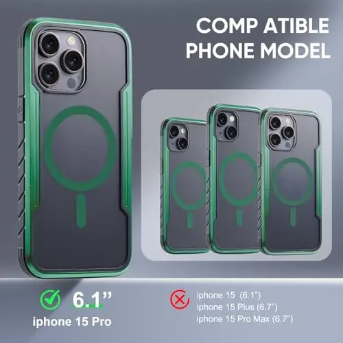 Tigowos iPhone 15 Pro uchun g'ilof MagSafe bilan mos keladi, og'ir yukga bardoshli, yupqa mato hissi, zarbaga chidamli harbiy darajadagi himoya, 15 pro uchun magnit telefon g'ilofi, metall mato yashil - 2